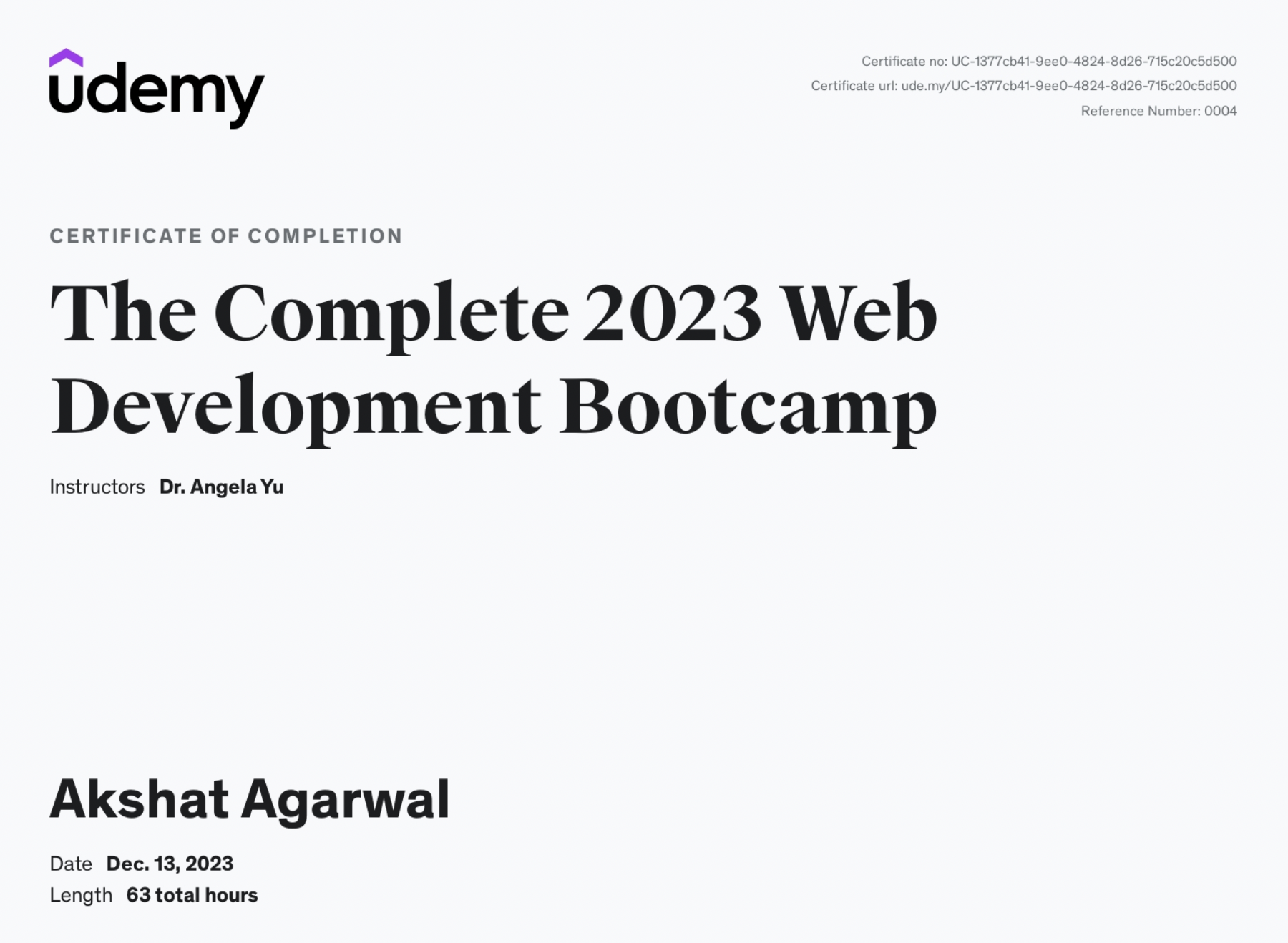 Angela Yu Web Dev Certificate